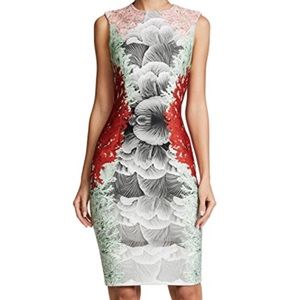 Yigal Azrouel Red, White, Black & Mint Floral-Print Midi Dress